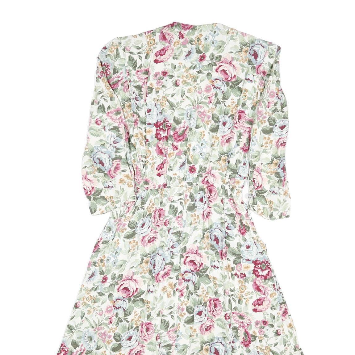 R J STEVENS Womens Cream Floral Fit & Flare Woven Midi Dress UK 12 Button V-Neck