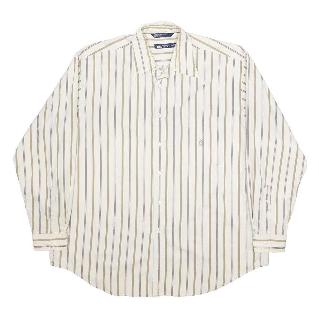 NAUTICA Mens Cream & Brown Striped Cotton Shirt XL Long Sleeve Casual Smart