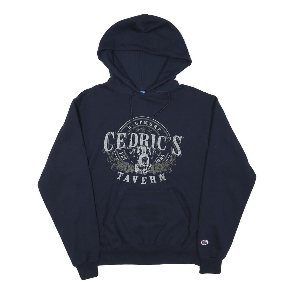 CHAMPION Mens Navy Blue Cedric's Tavern Printed Pullover Hoodie S Cotton Blend