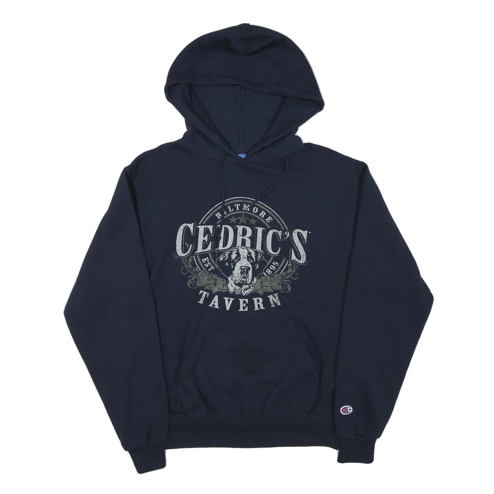 CHAMPION Mens Navy Blue Cedric's Tavern Printed Pullover Hoodie S Cotton Blend