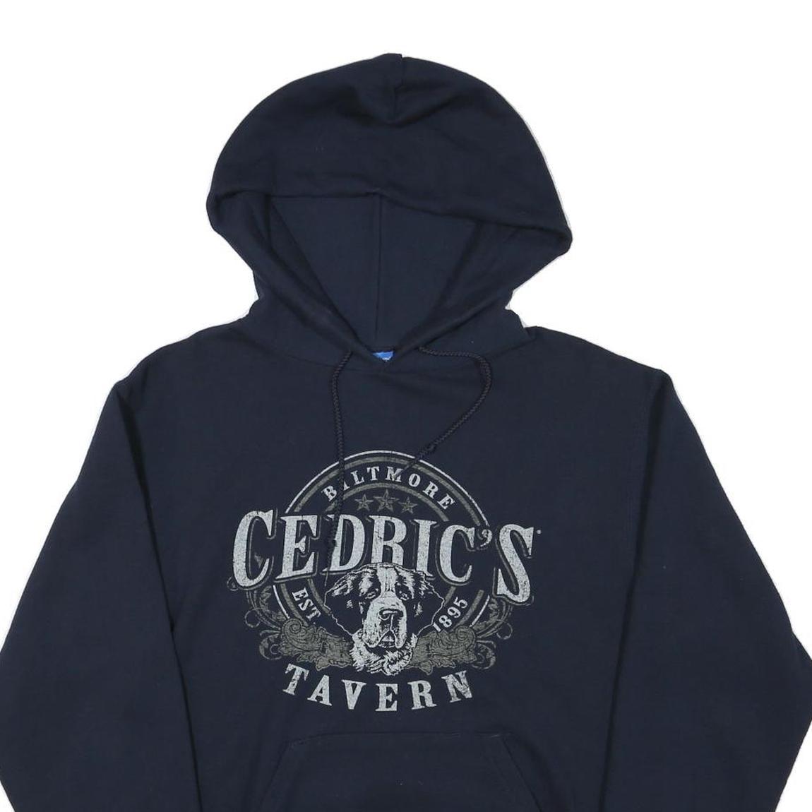 CHAMPION Mens Navy Blue Cedric's Tavern Printed Pullover Hoodie S Cotton Blend