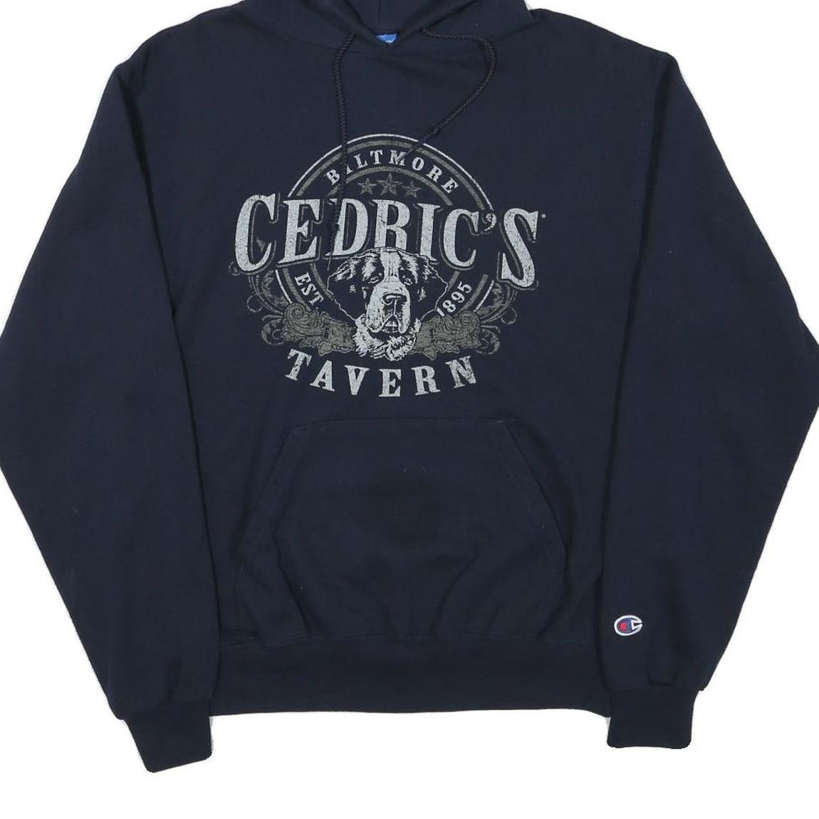 CHAMPION Mens Navy Blue Cedric's Tavern Printed Pullover Hoodie S Cotton Blend
