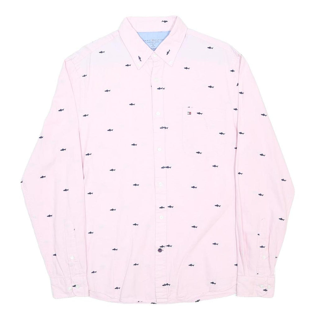 TOMMY HILFIGER Mens Pink Shirt M Cotton Button-Down Long Sleeve Shark Print