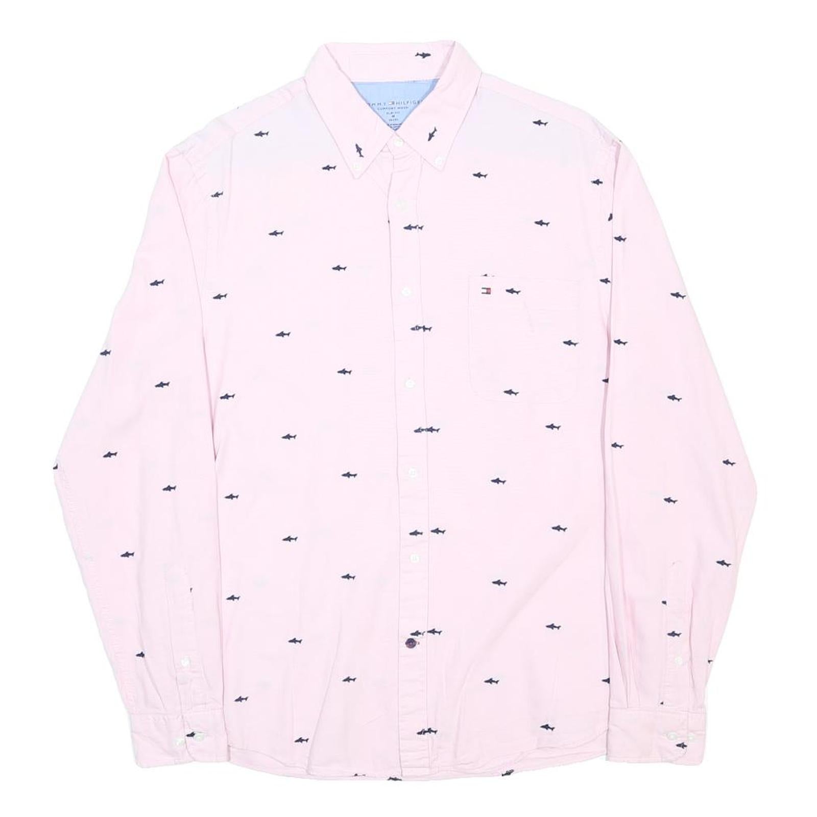 TOMMY HILFIGER Mens Pink Shirt M Cotton Button-Down Long Sleeve Shark Print