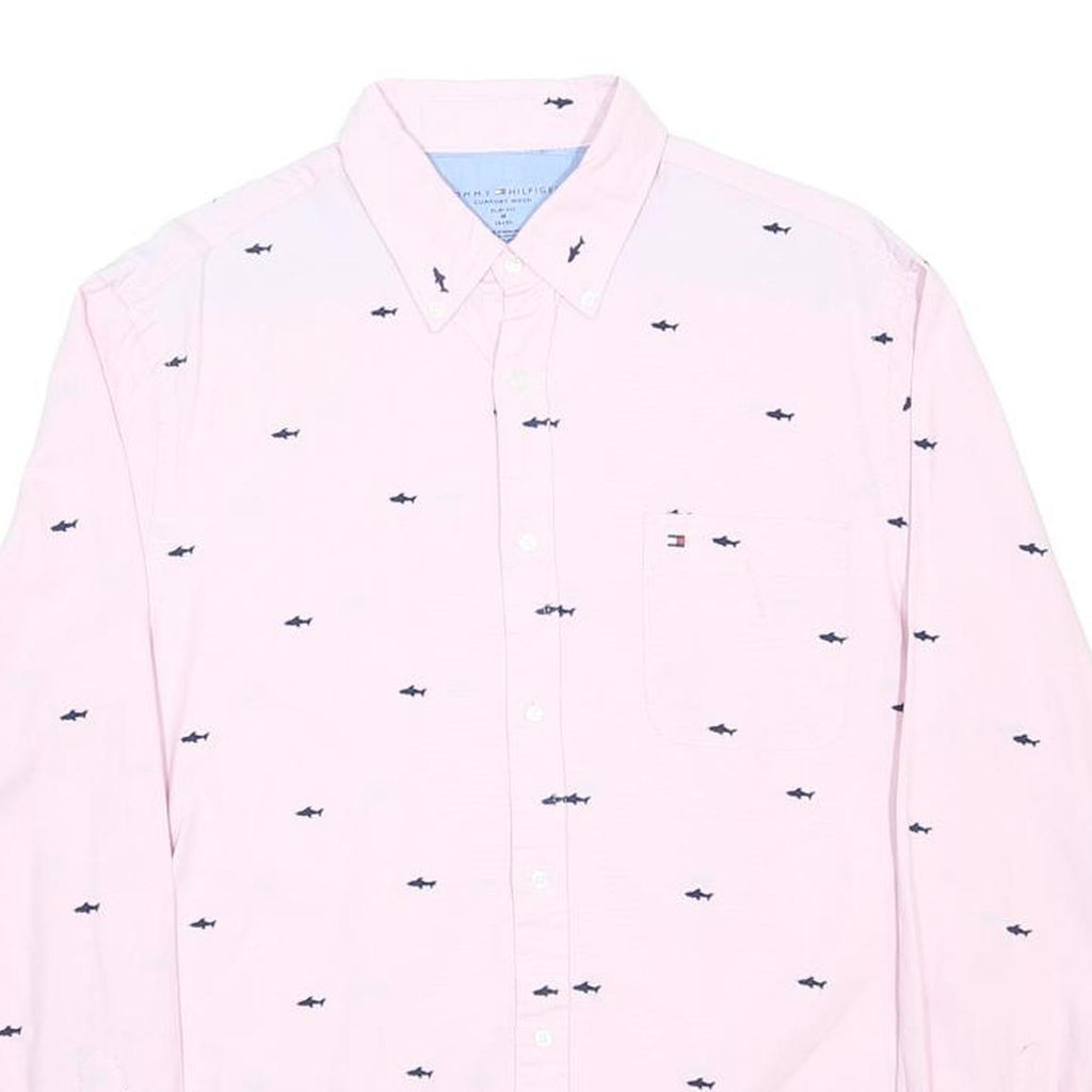 TOMMY HILFIGER Mens Pink Shirt M Cotton Button-Down Long Sleeve Shark Print