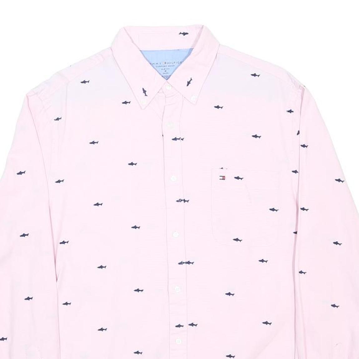 TOMMY HILFIGER Mens Pink Shirt M Cotton Button-Down Long Sleeve Shark Print