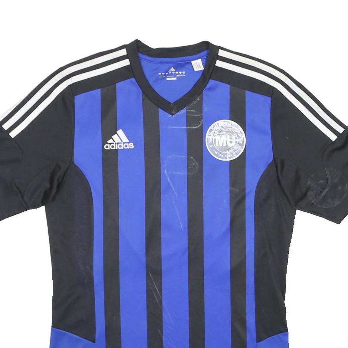 ADIDAS Mens Blue & Black Graphic T-Shirt S Short Sleeve V-Neck Sports Football