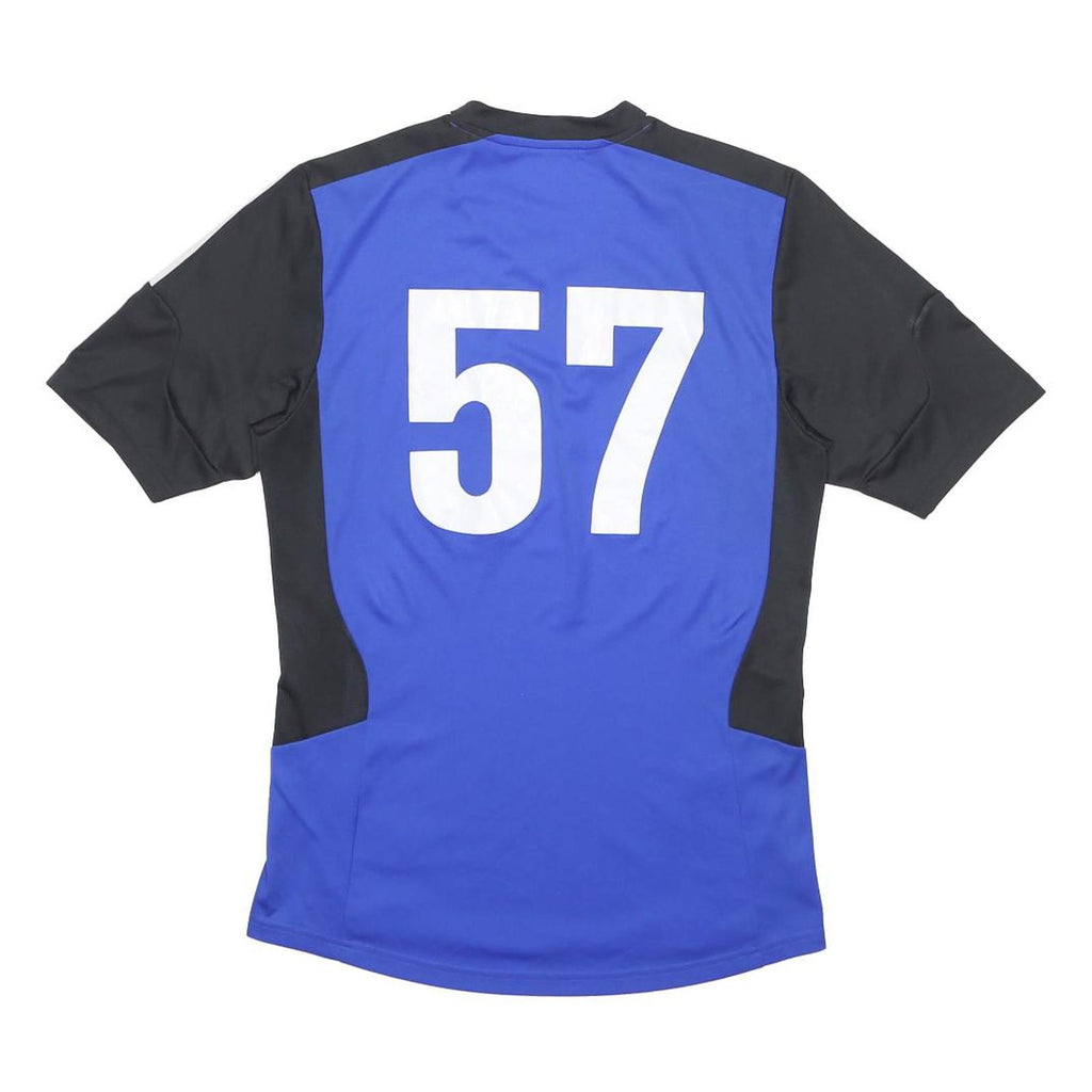 ADIDAS Mens Blue & Black Graphic T-Shirt S Short Sleeve V-Neck Sports Football