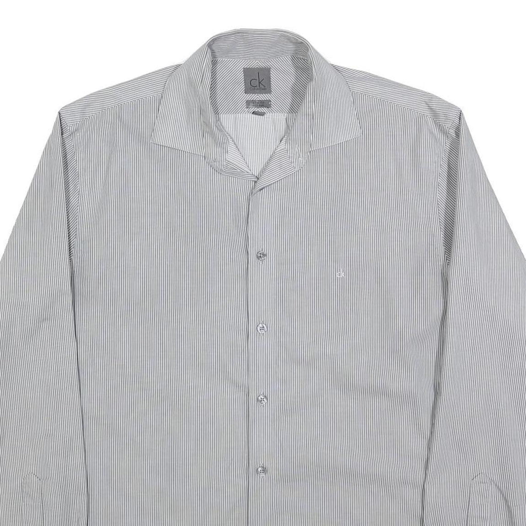 CALVIN KLEIN Mens Grey & White Striped Shirt L Classic Button Up Cotton Blend