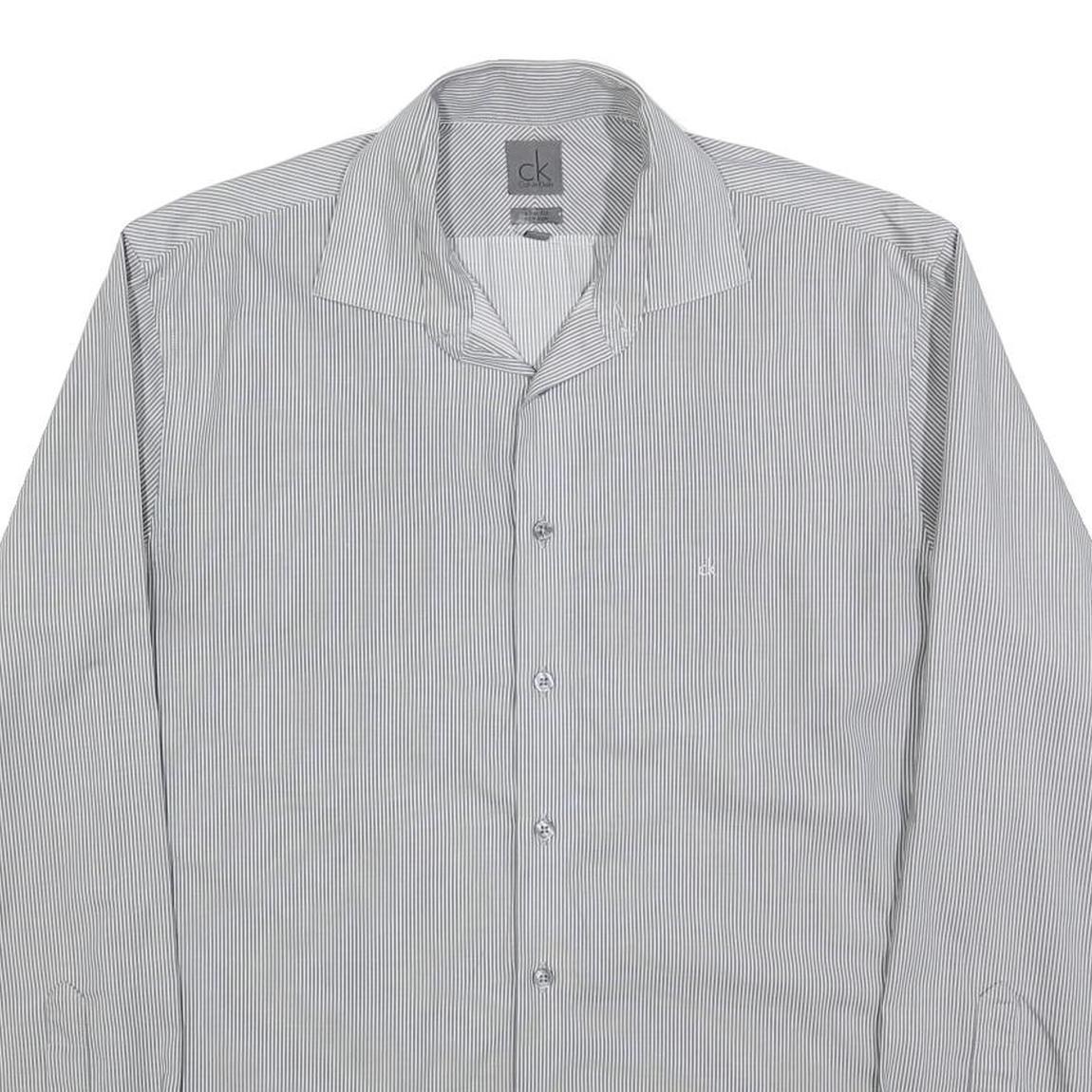 CALVIN KLEIN Mens Grey & White Striped Shirt L Classic Button Up Cotton Blend