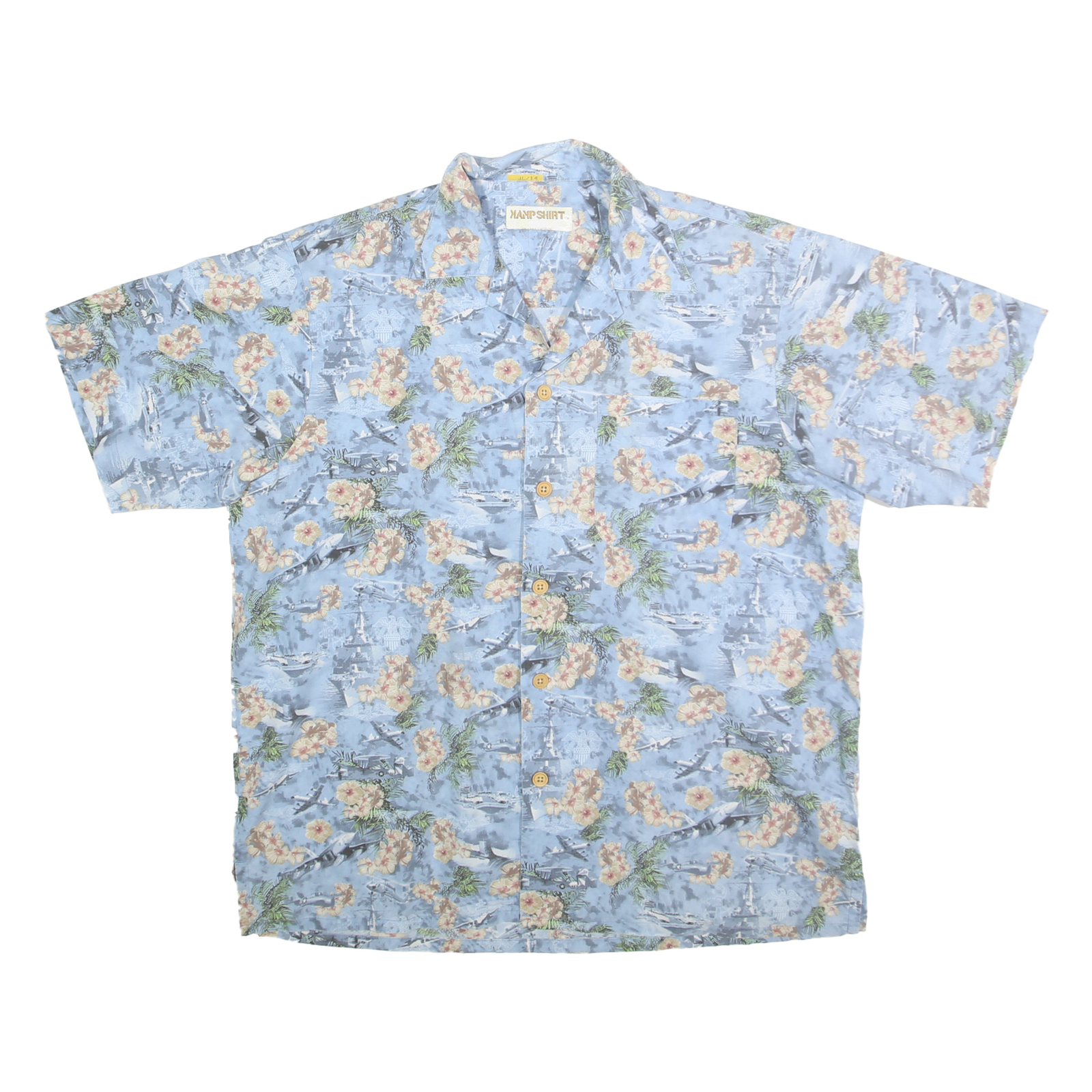 KAMP SHIRT Mens Blue Floral Cotton Hawaiian Shirt L Casual Summer Beachwear