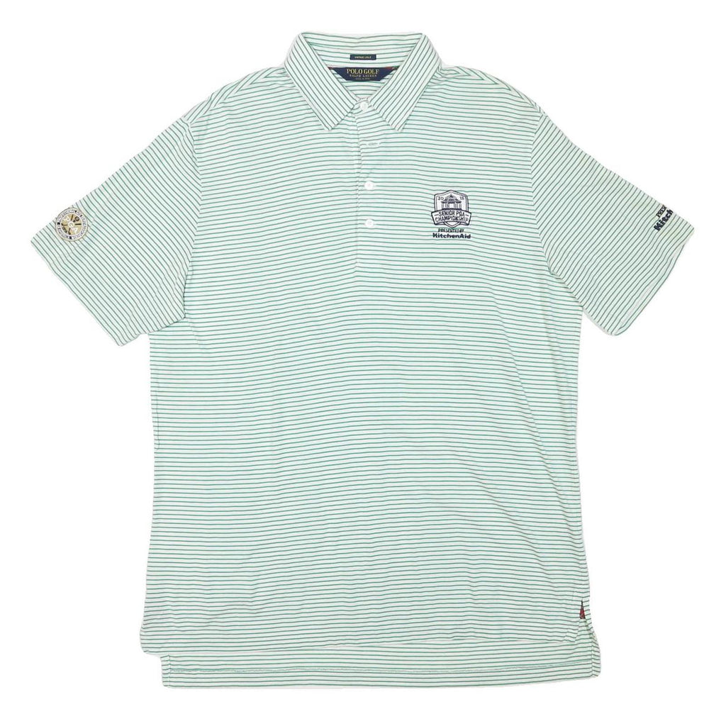 RALPH LAUREN Mens Green & White Striped Golf Short Sleeve Polo Shirt L Golf