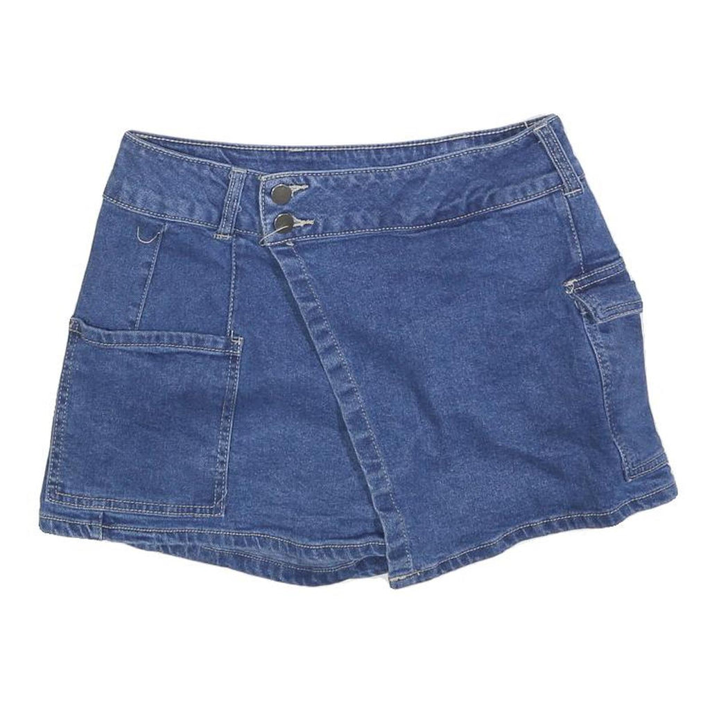 NO BOUNDARIES Womens Blue Denim Wrap Mini Skirt Cotton Blend Size S Casual