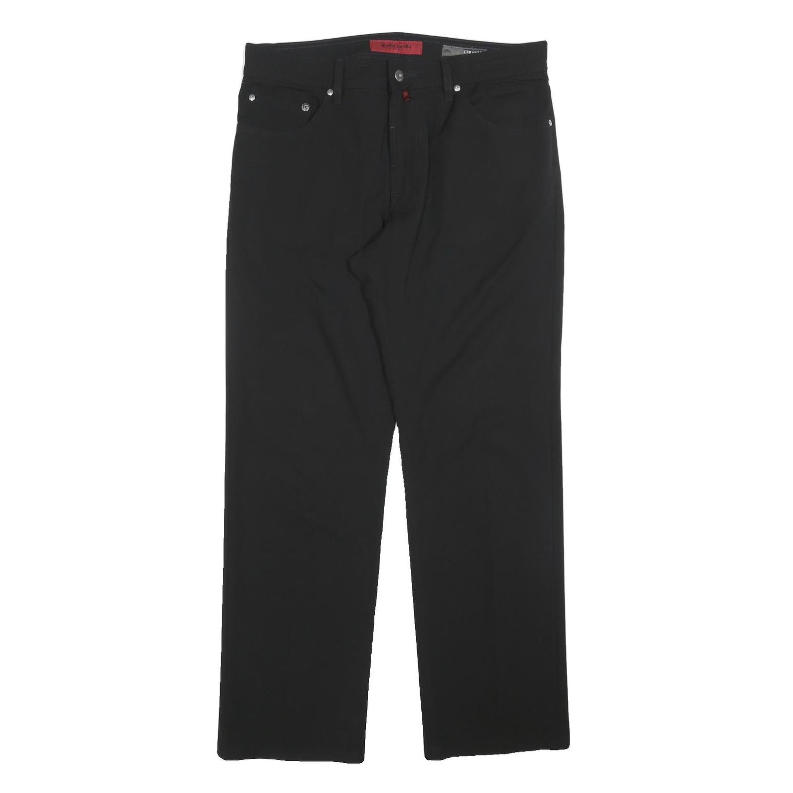 PIERRE CARDIN Mens Black Regular Straight Trousers W35 L30 Classic Zip Closure