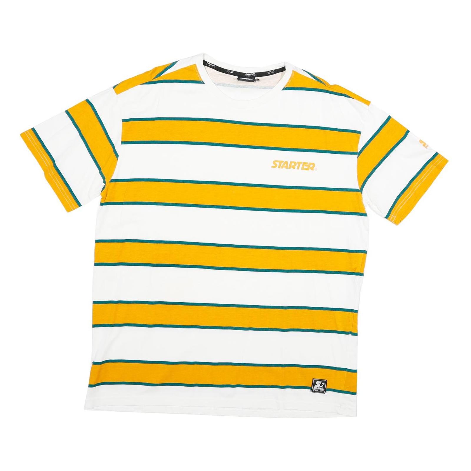 STARTER Mens White & Yellow Striped Classic T-Shirt L Short Sleeve Crew Neck