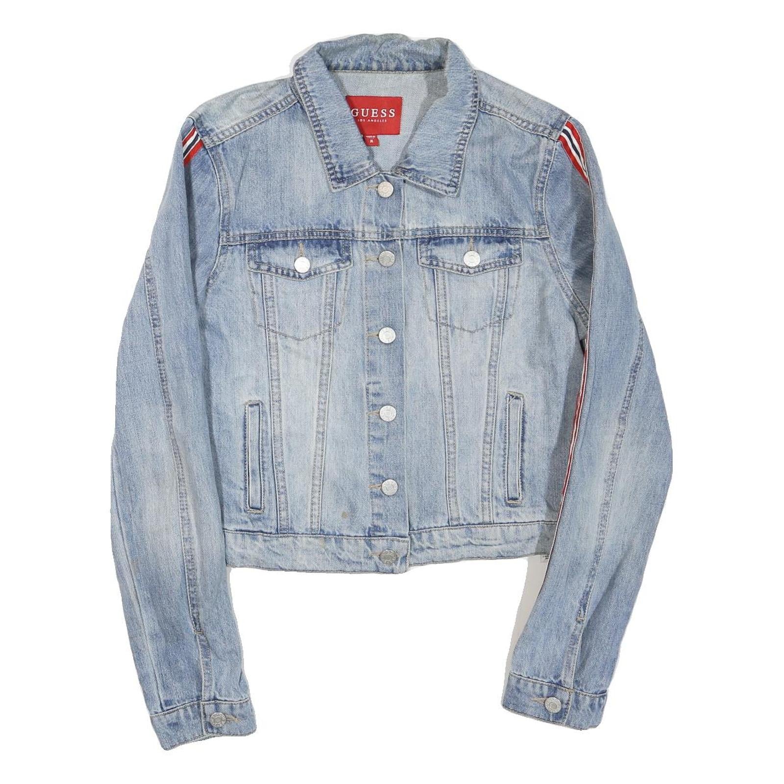 GUESS Womens Blue Denim Jacket M Cotton Blend Button Stripe Detail Casual