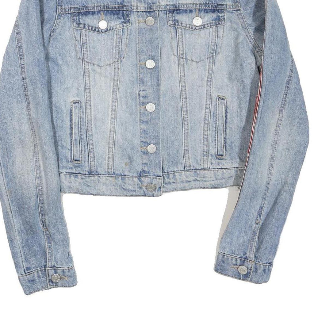 GUESS Womens Blue Denim Jacket M Cotton Blend Button Stripe Detail Casual
