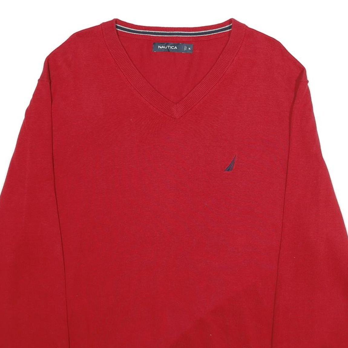 NAUTICA Mens Red Plain V-Neck Basic Knit Jumper XL Cotton Casual Comfort