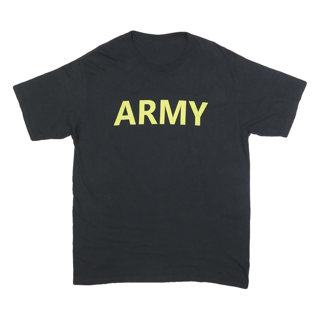 Mens Black Army Printed Cotton Blend T-Shirt L Short Sleeve Crew Neck Plain