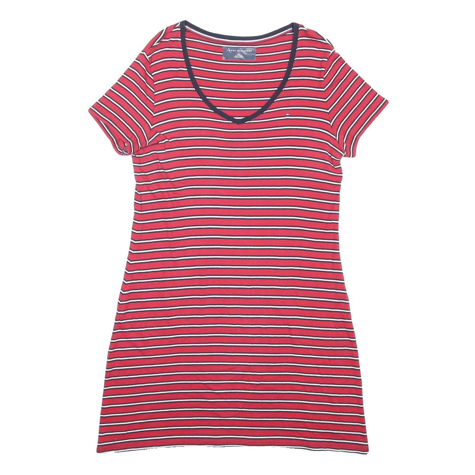 TOMMY HILFIGER Womens Red Black & White Striped Day Cotton Dress L Short Sleeve