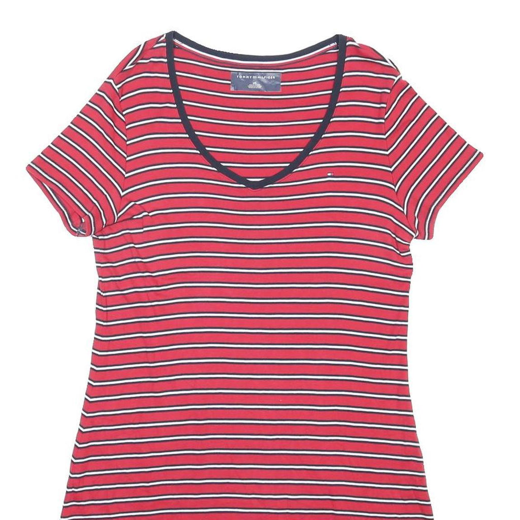 TOMMY HILFIGER Womens Red Black & White Striped Day Cotton Dress L Short Sleeve