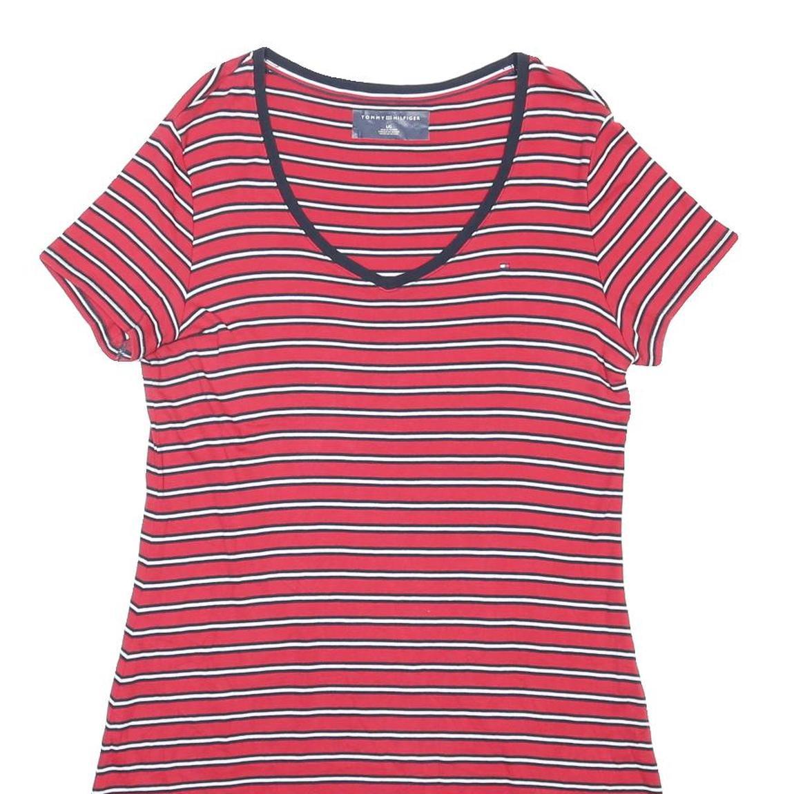 TOMMY HILFIGER Womens Red Black & White Striped Day Cotton Dress L Short Sleeve