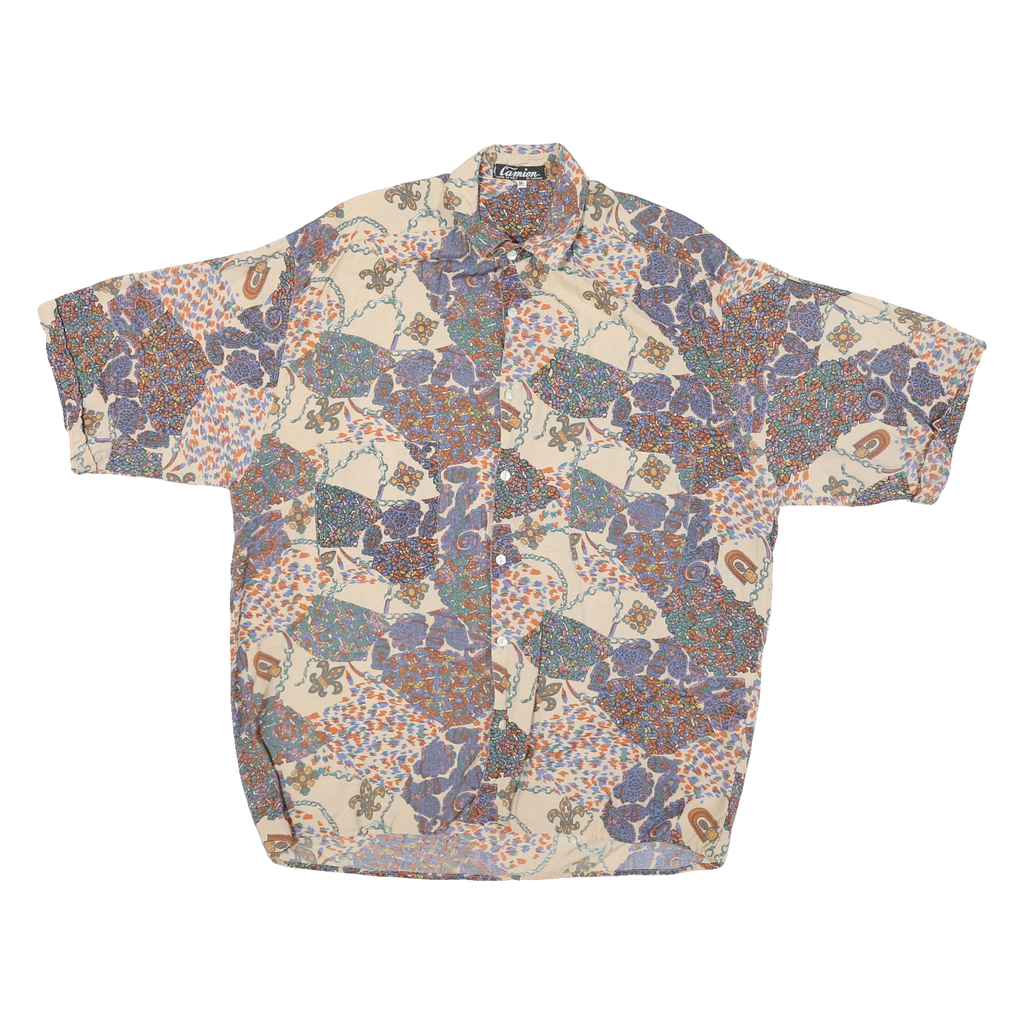 CAMION Mens Cream Pattern Shirt M Cotton Blend Short Sleeve Loose Fit