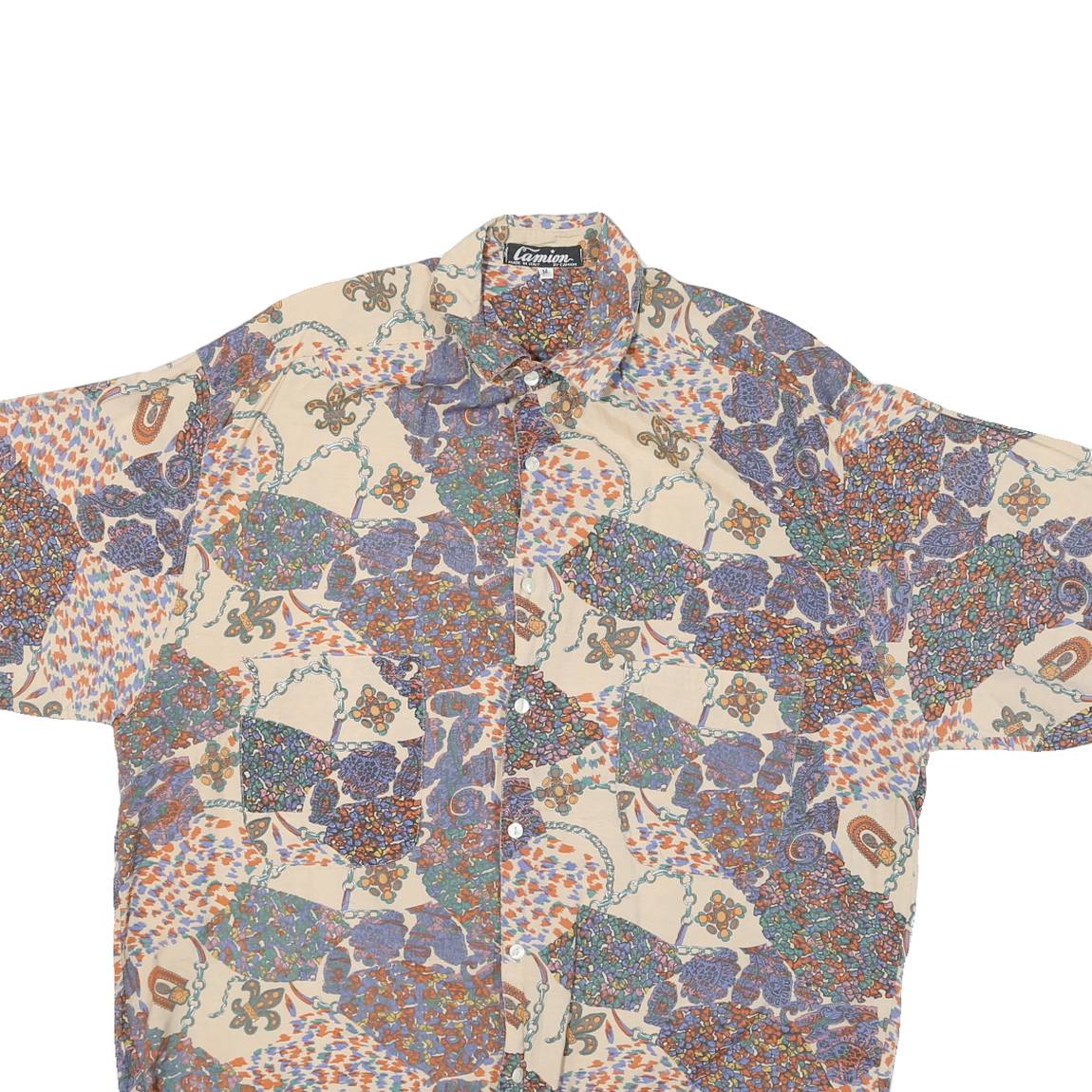CAMION Mens Cream Pattern Shirt M Cotton Blend Short Sleeve Loose Fit