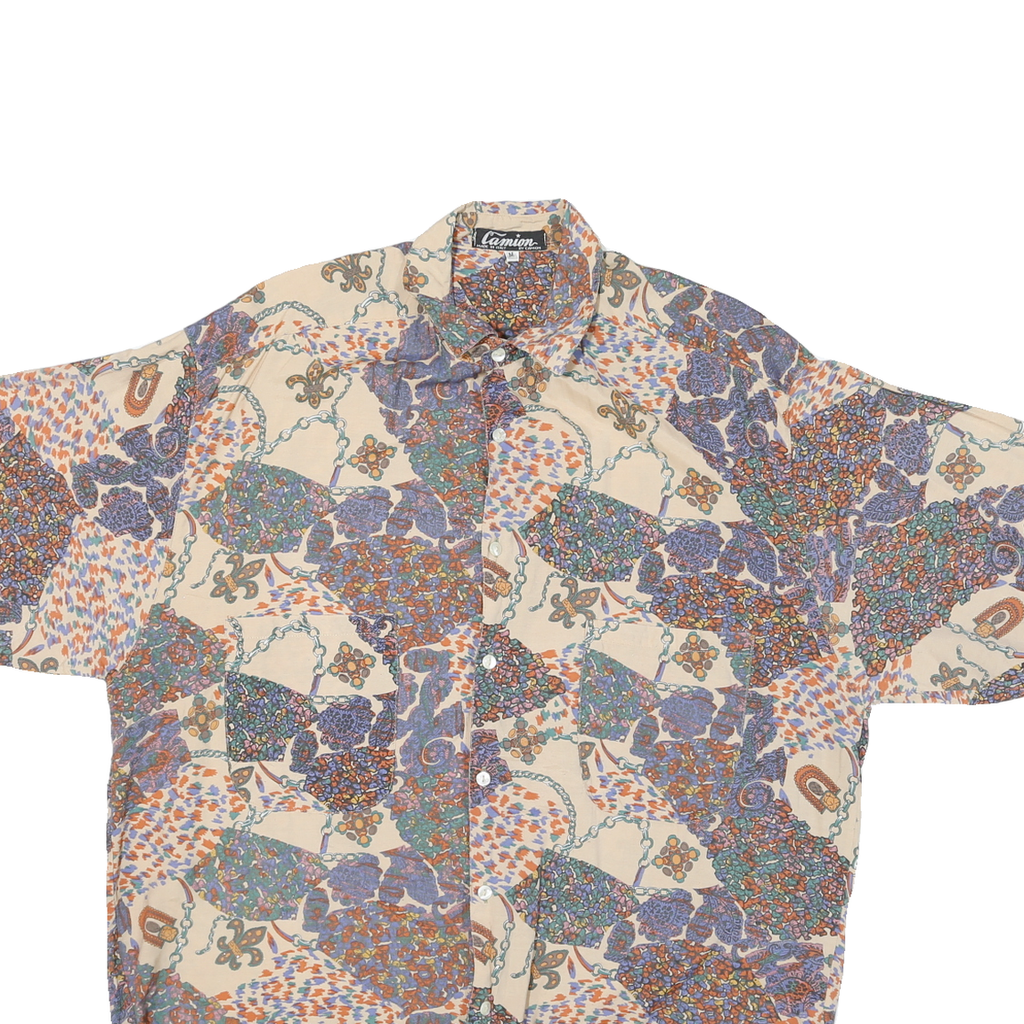 CAMION Mens Cream Pattern Shirt M Cotton Blend Short Sleeve Loose Fit