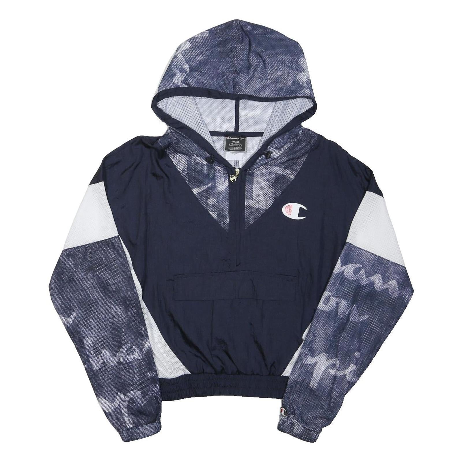 CHAMPION Mens Navy Blue & White Zip Hooded Jacket S Polyester Blend Sportswear