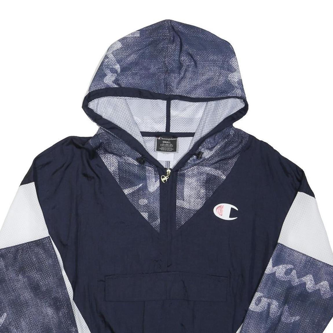 CHAMPION Mens Navy Blue & White Zip Hooded Jacket S Polyester Blend Sportswear