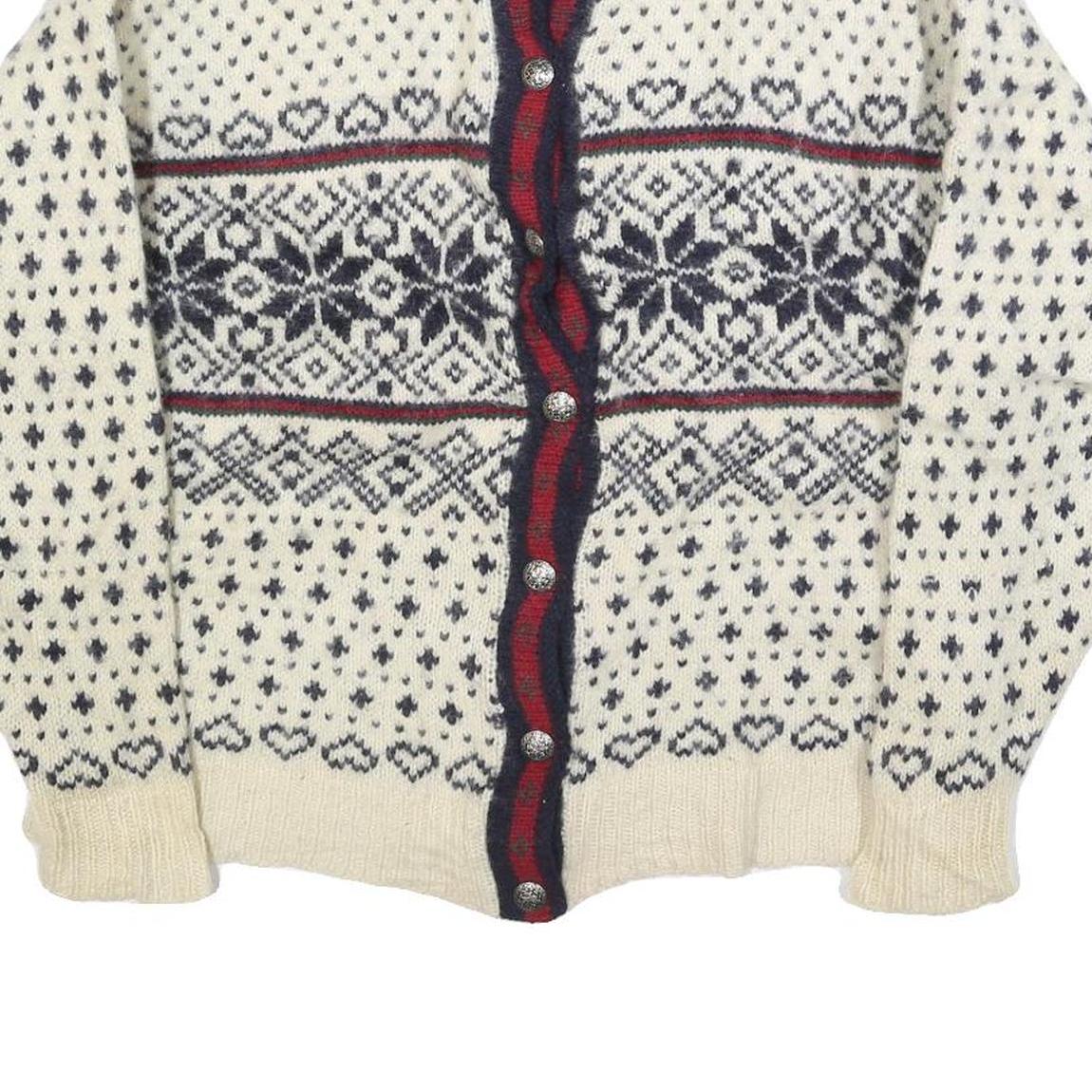 LL BEAN Womens Cream Navy & Red Patterned Wool Button Up Chunky Knit XL Winter