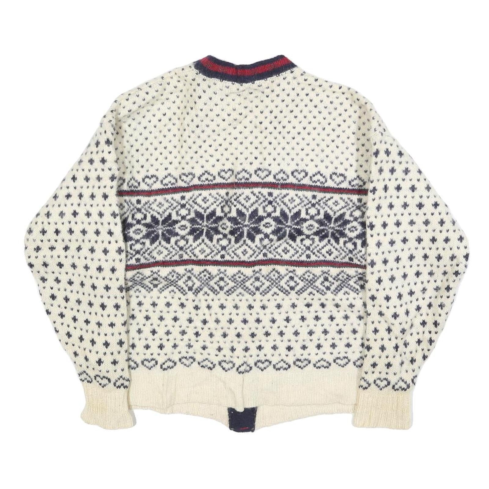 LL BEAN Womens Cream Navy & Red Patterned Wool Button Up Chunky Knit XL Winter