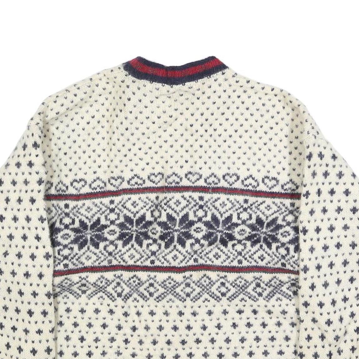 LL BEAN Womens Cream Navy & Red Patterned Wool Button Up Chunky Knit XL Winter