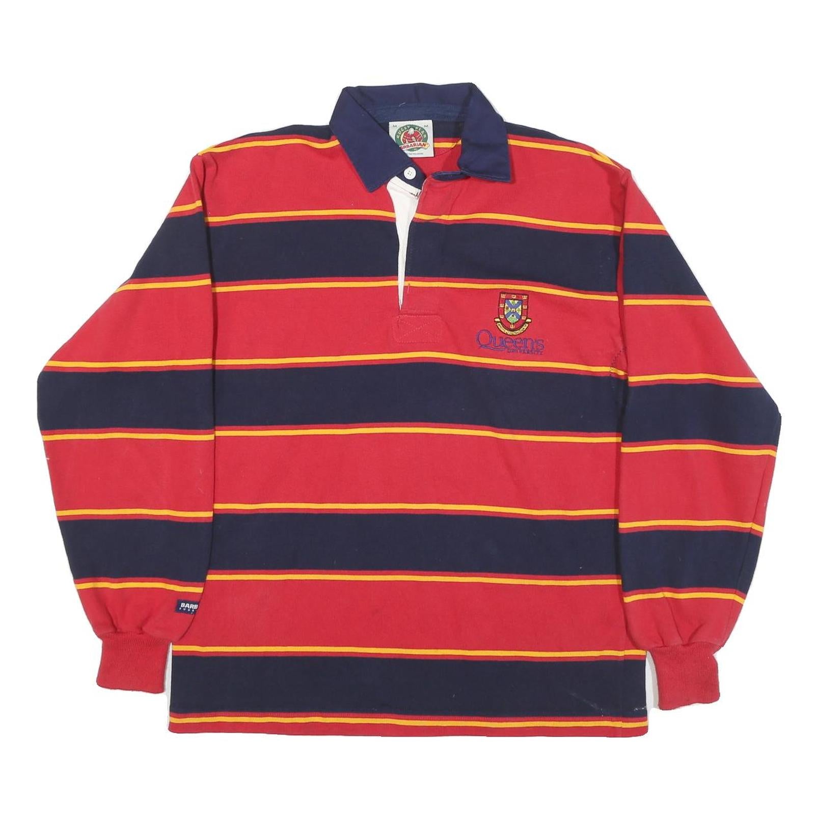 RUGBY WEAR Mens Red & Navy Yellow Stripe Long Sleeve Polo Shirt M Rugby Style