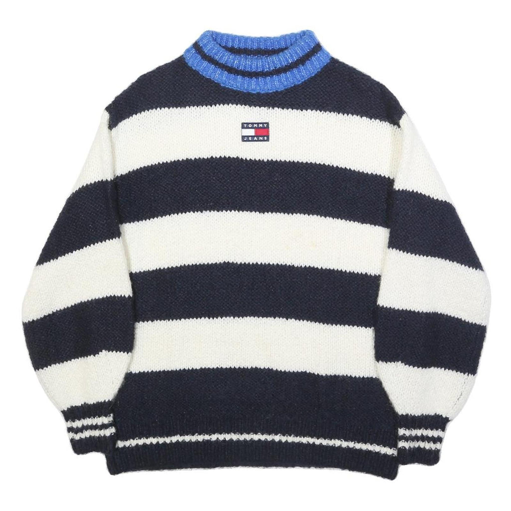 TOMMY JEANS Womens Navy & White Striped Jumper Crew Neck Chunky Knit XXS Wool