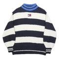 TOMMY JEANS Womens Navy & White Striped Jumper Crew Neck Chunky Knit XXS Wool