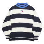 TOMMY JEANS Womens Navy & White Striped Jumper Crew Neck Chunky Knit XXS Wool