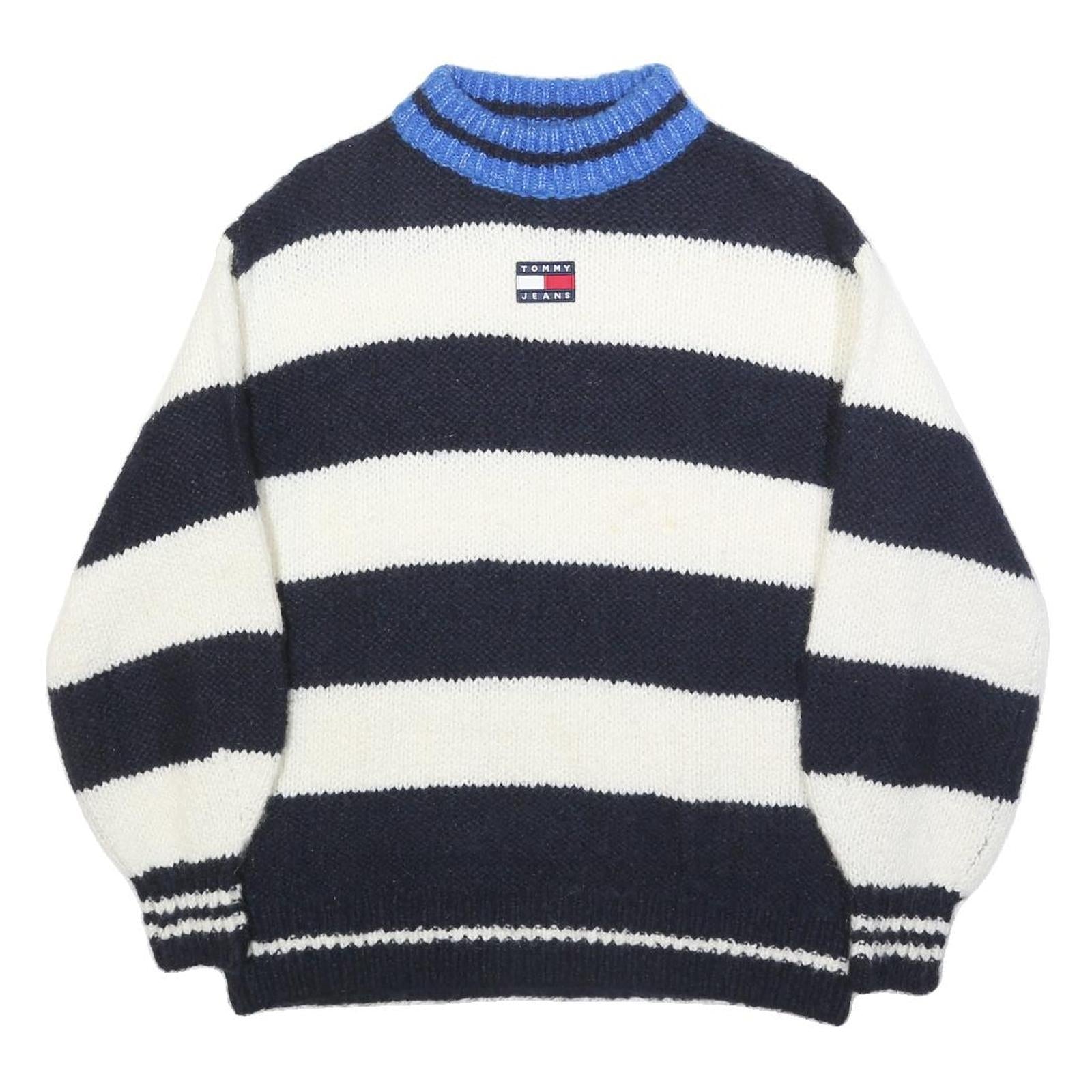TOMMY JEANS Womens Navy & White Striped Jumper Crew Neck Chunky Knit XXS Wool
