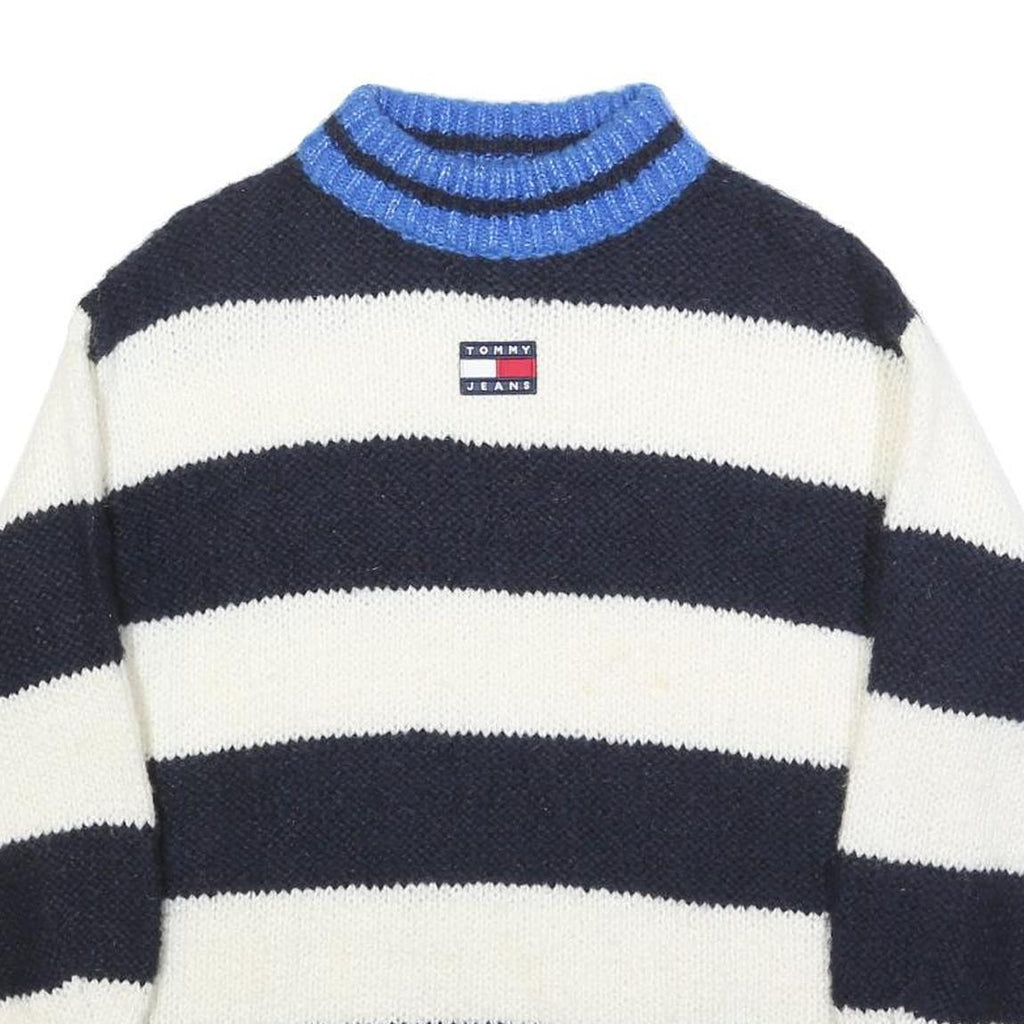 TOMMY JEANS Womens Navy & White Striped Jumper Crew Neck Chunky Knit XXS Wool