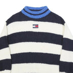 TOMMY JEANS Womens Navy & White Striped Jumper Crew Neck Chunky Knit XXS Wool