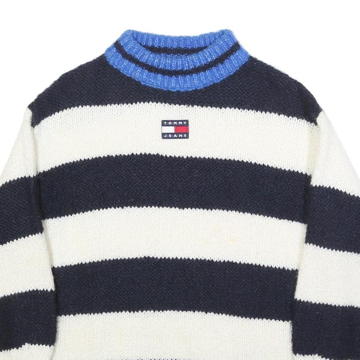 TOMMY JEANS Womens Navy & White Striped Jumper Crew Neck Chunky Knit XXS Wool