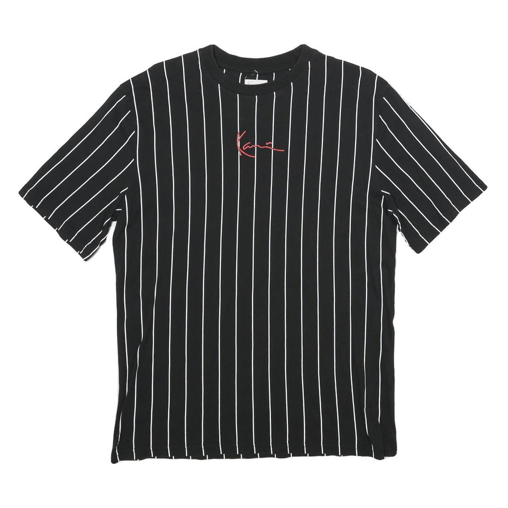 KARL KANI Mens Black & White Pinstripe Graphic T-Shirt S Short Sleeve Crew Neck