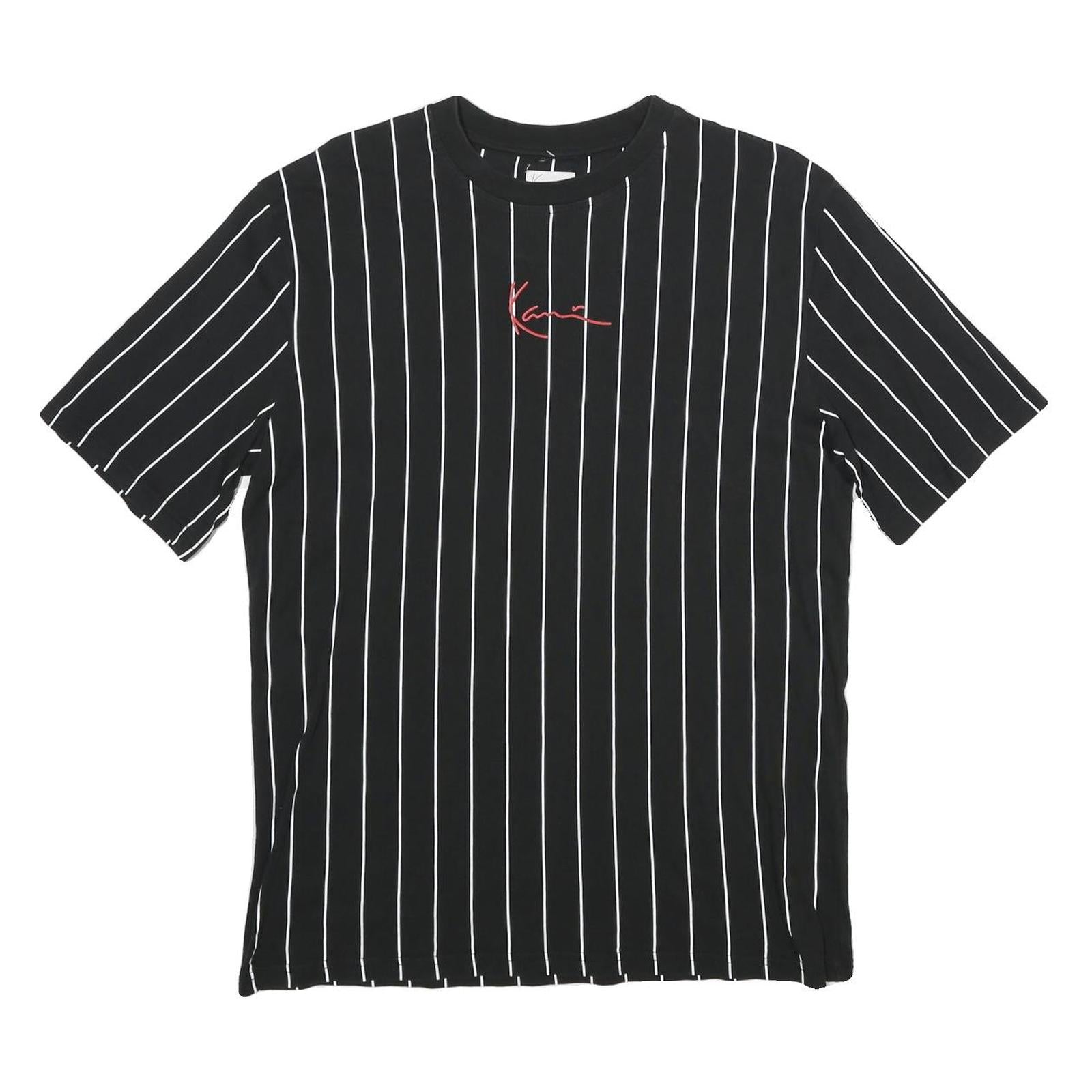 KARL KANI Mens Black & White Pinstripe Graphic T-Shirt S Short Sleeve Crew Neck