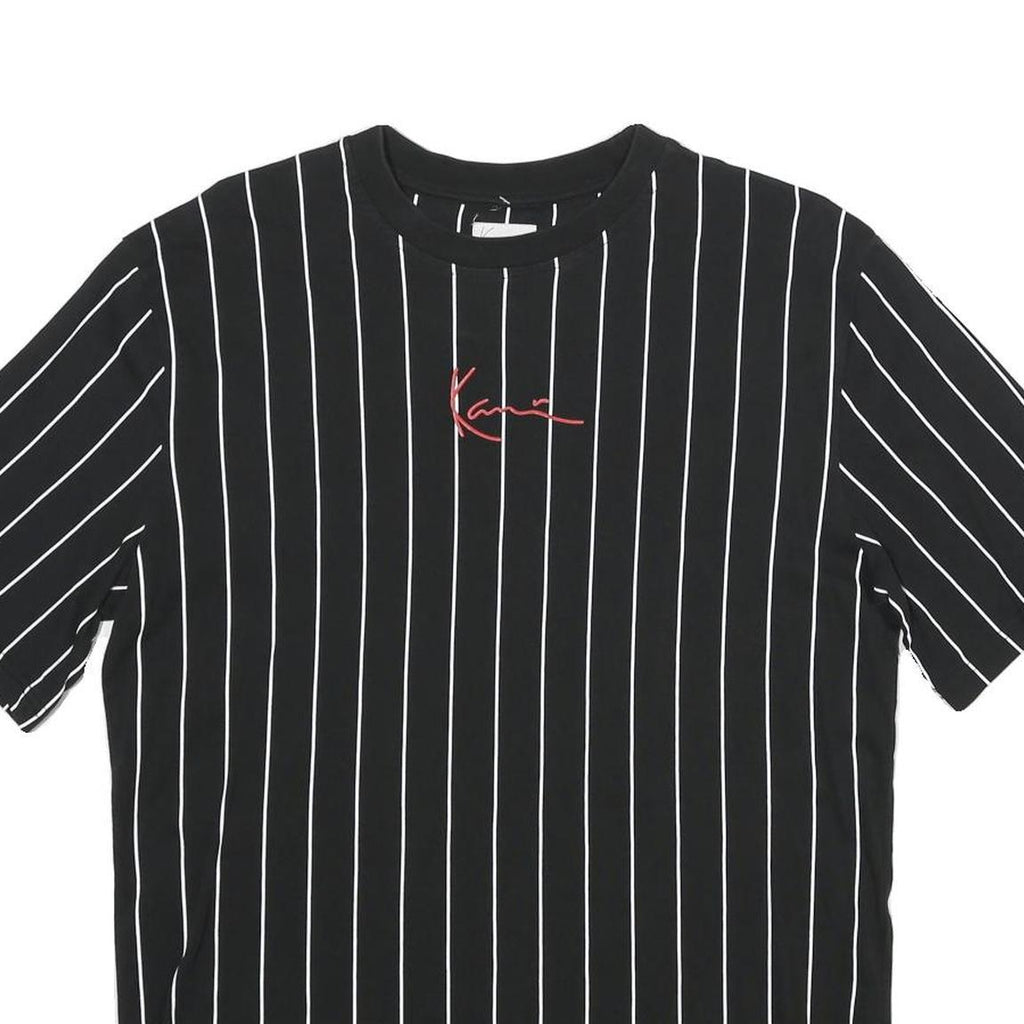 KARL KANI Mens Black & White Pinstripe Graphic T-Shirt S Short Sleeve Crew Neck