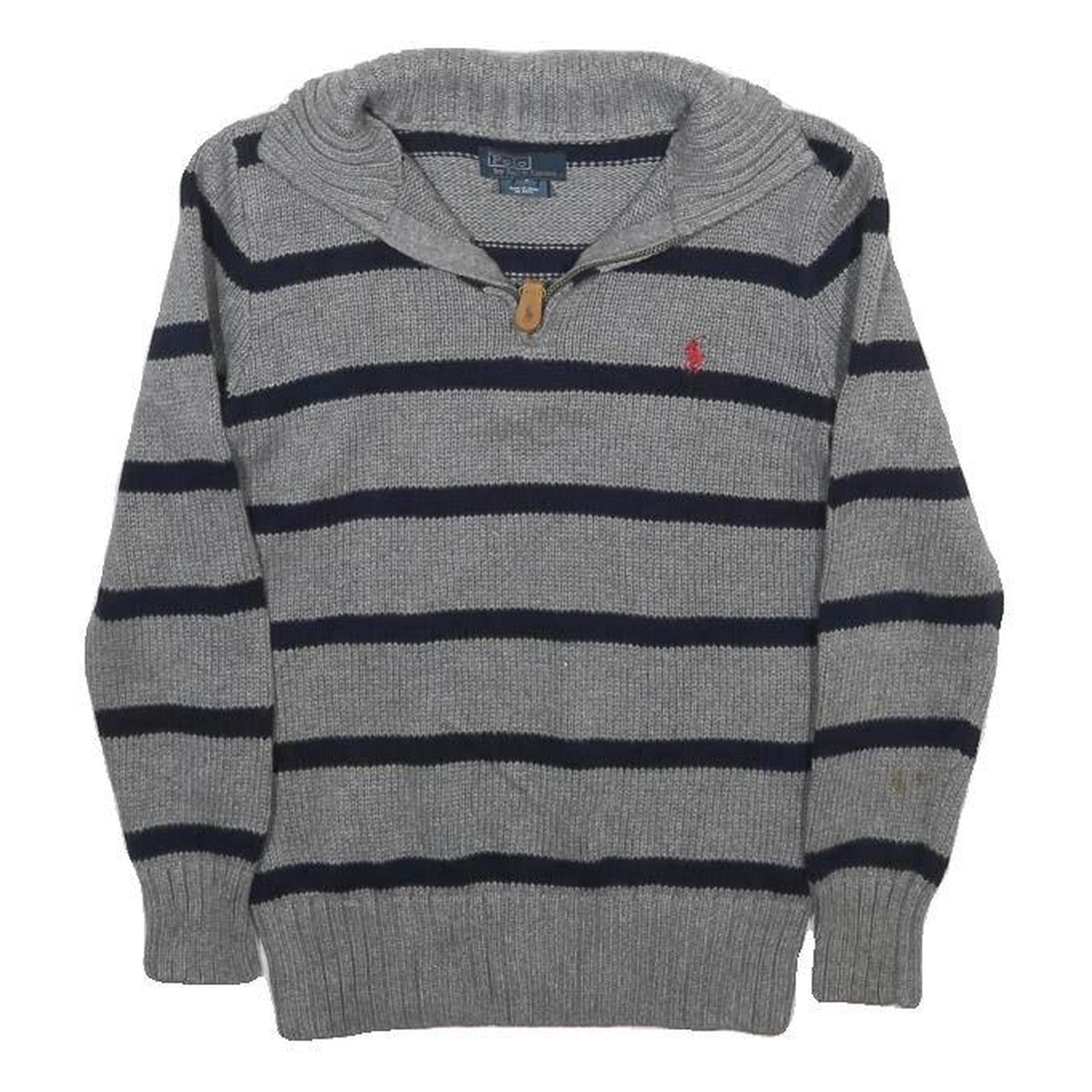 POLO RALPH LAUREN Boys Grey & Navy Patterned Jumper Shawl Collar Pullover Cable
