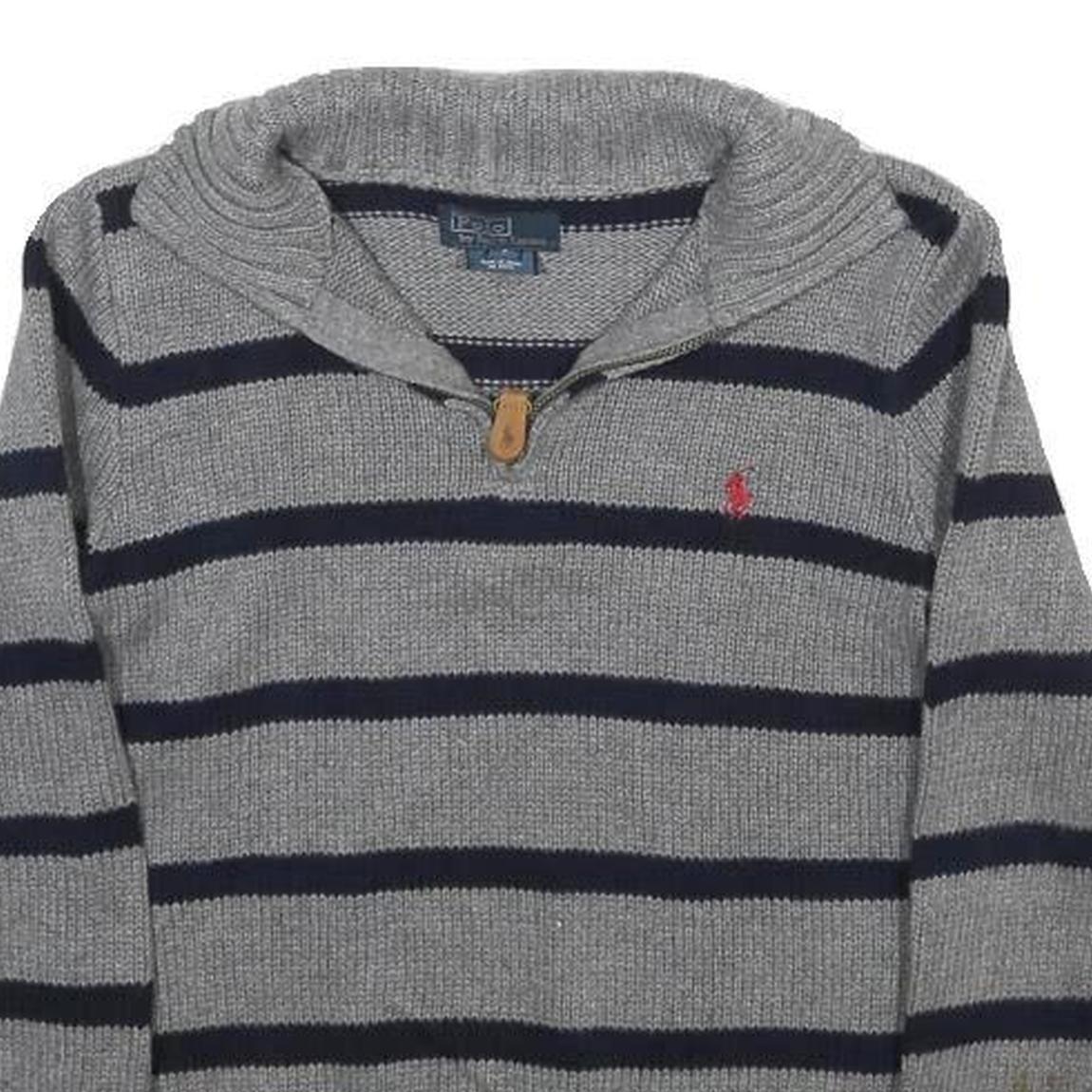 POLO RALPH LAUREN Boys Grey & Navy Patterned Jumper Shawl Collar Pullover Cable