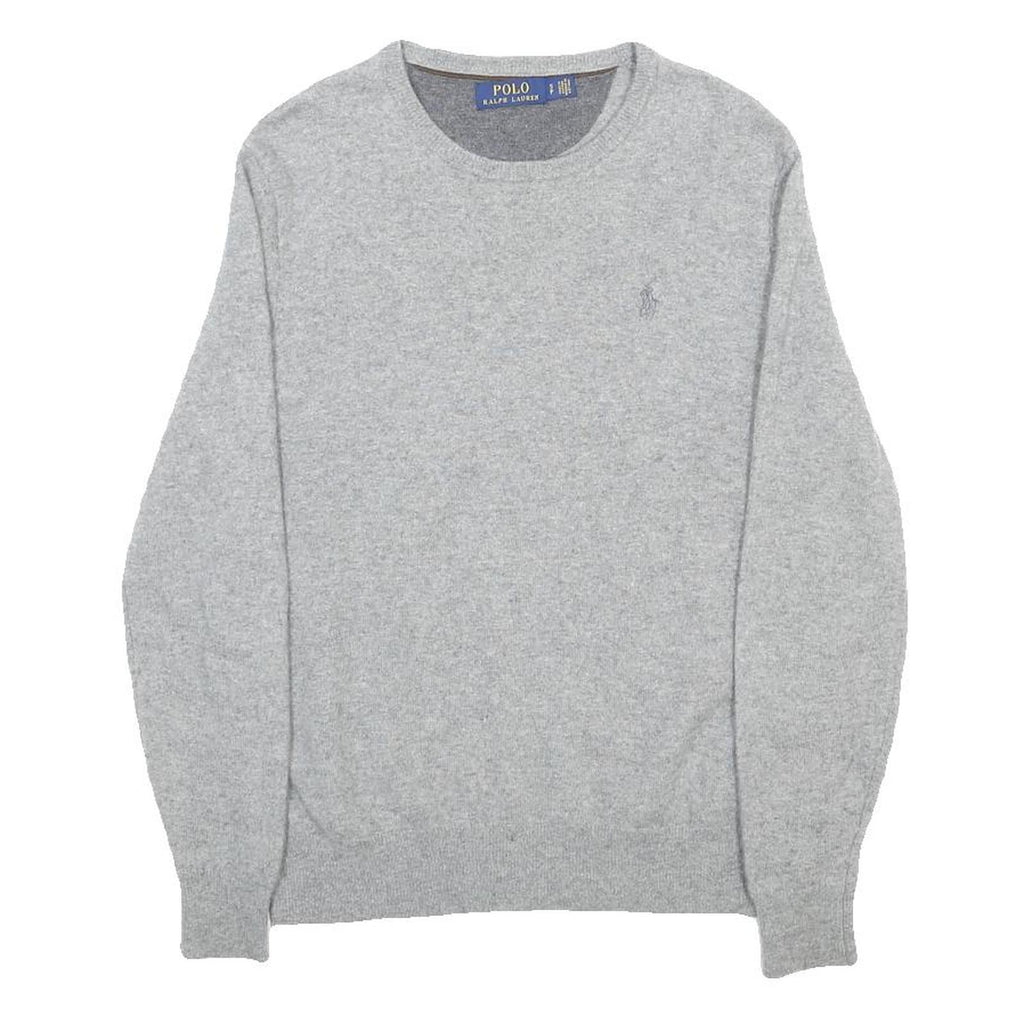 POLO RALPH LAUREN Mens Grey Plain Wool Jumper Crew Neck Basic Knit Size S Wool
