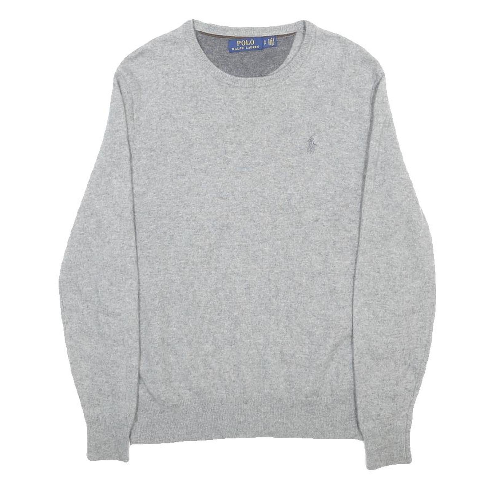 POLO RALPH LAUREN Mens Grey Plain Wool Jumper Crew Neck Basic Knit Size S Wool