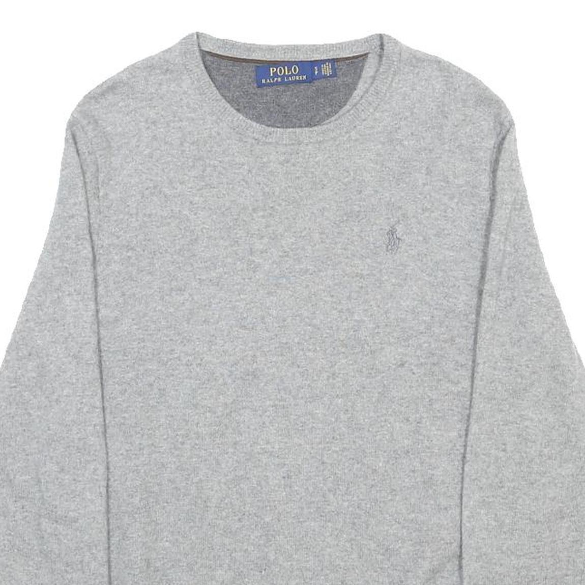 POLO RALPH LAUREN Mens Grey Plain Wool Jumper Crew Neck Basic Knit Size S Wool